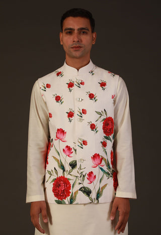 Rohit Bal-Ivory Floral Printed Bundi-INDIASPOPUP.COM