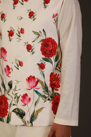 Rohit Bal-Ivory Floral Printed Bundi-INDIASPOPUP.COM