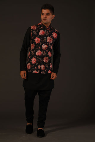 Rohit Bal-Black Floral Linen Bundi-INDIASPOPUP.COM