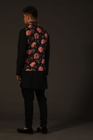 Rohit Bal-Black Floral Linen Bundi-INDIASPOPUP.COM