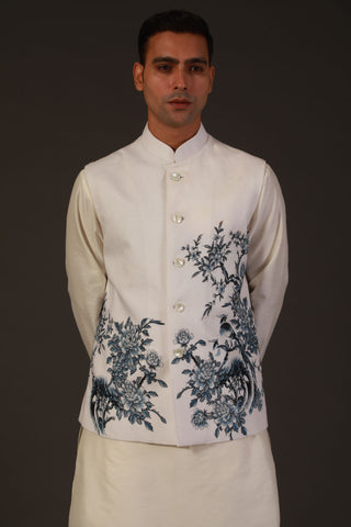 Rohit Bal-Ivory Linen Printed Bundi-INDIASPOPUP.COM