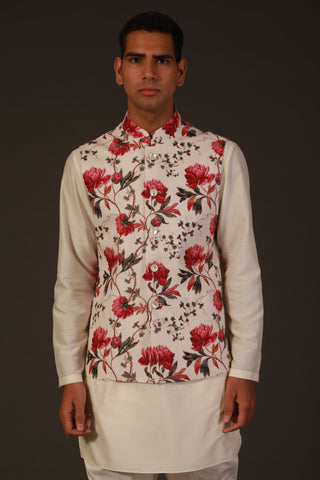 Rohit Bal-Ivory Linen Floral Printed Bundi-INDIASPOPUP.COM