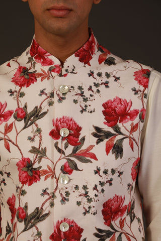 Rohit Bal-Ivory Linen Floral Printed Bundi-INDIASPOPUP.COM