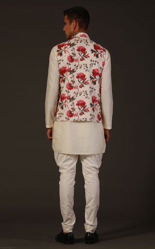 Rohit Bal-Ivory Linen Floral Printed Bundi-INDIASPOPUP.COM