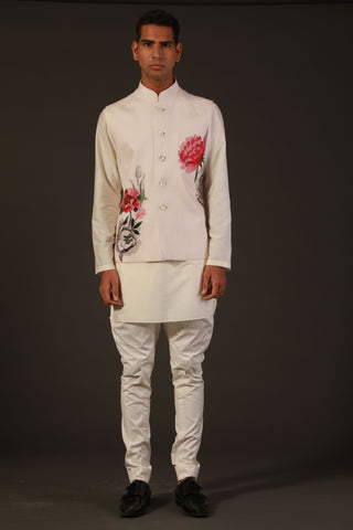 Rohit Bal-Ivory Floral Linen Bundi-INDIASPOPUP.COM