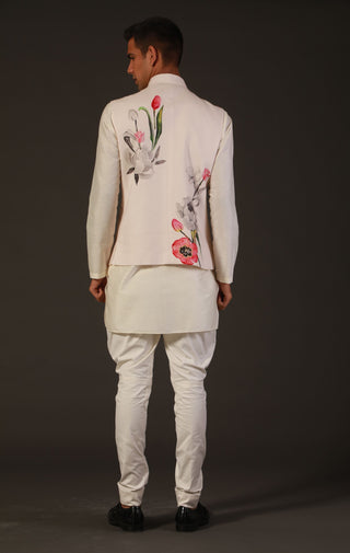 Rohit Bal-Ivory Floral Linen Bundi-INDIASPOPUP.COM