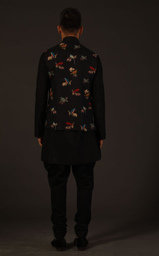 Rohit Bal-Black Linen Printed Bundi-INDIASPOPUP.COM