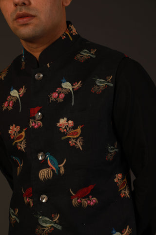 Rohit Bal-Black Linen Printed Bundi-INDIASPOPUP.COM