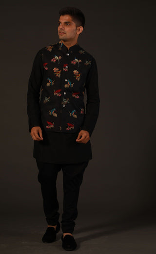 Rohit Bal-Black Linen Printed Bundi-INDIASPOPUP.COM