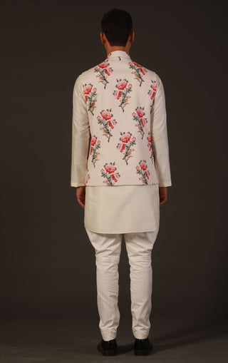 Rohit Bal-Ivory Linen Floral Printed Bundi-INDIASPOPUP.COM