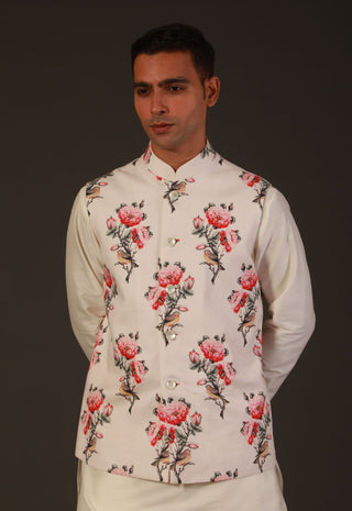 Rohit Bal-Ivory Linen Floral Printed Bundi-INDIASPOPUP.COM