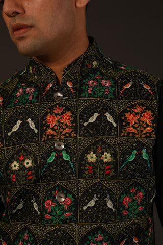 Rohit Bal-Black Chanderi Silk Bundi-INDIASPOPUP.COM