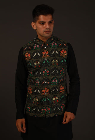 Rohit Bal-Black Chanderi Silk Bundi-INDIASPOPUP.COM