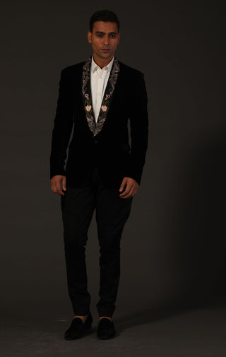 Rohit Bal-Black Floral Embroidery Tuxedo Jacket-INDIASPOPUP.COM