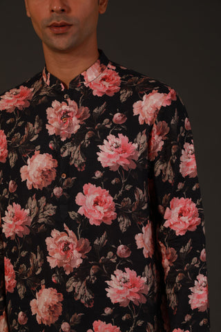 Rohit Bal-Black Linen Floral Kurta With Churidar-INDIASPOPUP.COM