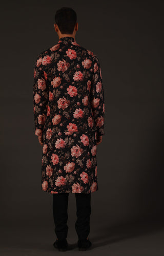 Rohit Bal-Black Linen Floral Kurta With Churidar-INDIASPOPUP.COM