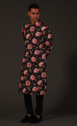 Rohit Bal-Black Linen Floral Kurta With Churidar-INDIASPOPUP.COM