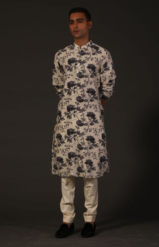 Rohit Bal-Ivory Floral Printed Kurta With Churidar-INDIASPOPUP.COM