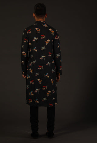 Rohit Bal-Black Linen Printed Kurta With Churidar-INDIASPOPUP.COM