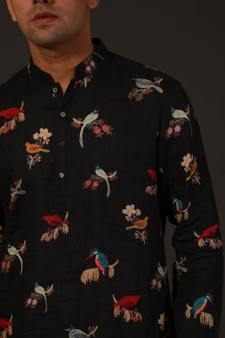 Rohit Bal-Black Linen Printed Kurta With Churidar-INDIASPOPUP.COM