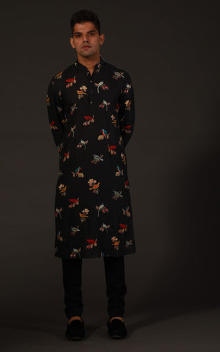 Rohit Bal-Black Linen Printed Kurta With Churidar-INDIASPOPUP.COM