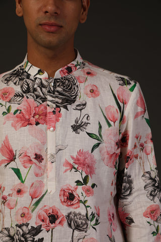 Rohit Bal-Ivory Linen Floral Kurta With Churidar-INDIASPOPUP.COM