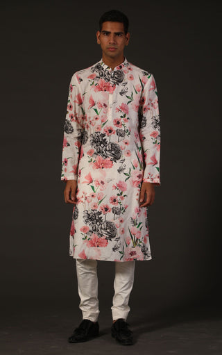 Rohit Bal-Ivory Linen Floral Kurta With Churidar-INDIASPOPUP.COM