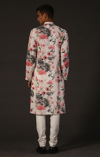 Rohit Bal-Ivory Linen Floral Kurta With Churidar-INDIASPOPUP.COM