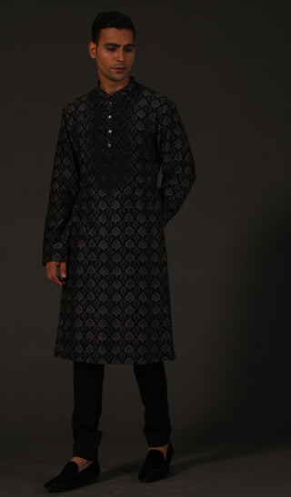 Rohit Bal-Black Printed Kurta With Churidar-INDIASPOPUP.COM