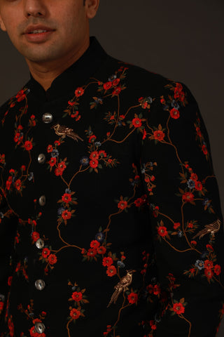 Rohit Bal-Black Chanderi Silk Sherwani-INDIASPOPUP.COM