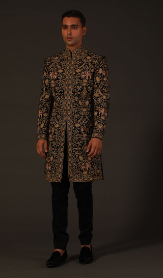 Rohit Bal-Black Silk Velvet Sherwani-INDIASPOPUP.COM