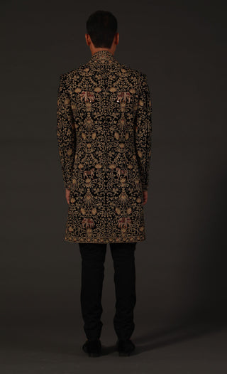 Rohit Bal-Black Silk Velvet Sherwani-INDIASPOPUP.COM