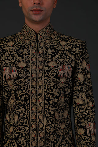Rohit Bal-Black Silk Velvet Sherwani-INDIASPOPUP.COM