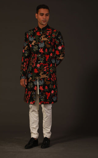 Rohit Bal-Black Floral Embroidery Sherwani-INDIASPOPUP.COM