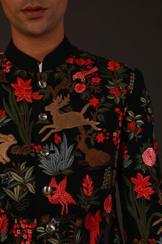 Rohit Bal-Black Floral Embroidery Sherwani-INDIASPOPUP.COM