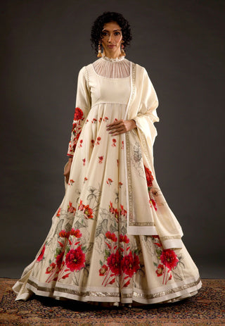 Rohit Bal-Ivory Chanderi Silk Printed Anarkali Set-INDIASPOPUP.COM