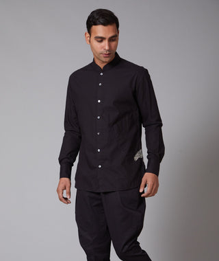 Balance By Rohit Bal-Black Poplin Cheetah Embroidered Shirt-INDIASPOPUP.COM