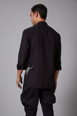 Balance By Rohit Bal-Black Poplin Cheetah Embroidered Shirt-INDIASPOPUP.COM