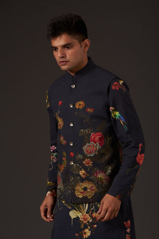 Balance By Rohit Bal-Black Floral Digital Printed Bundi-INDIASPOPUP.COM