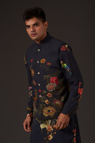 Balance By Rohit Bal-Black Floral Digital Printed Bundi-INDIASPOPUP.COM