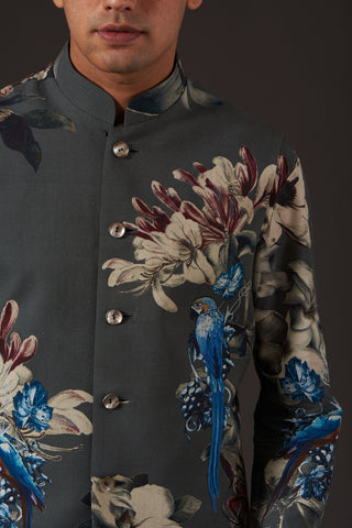 Balance By Rohit Bal-Grey Floral Digital Printed Bundi-INDIASPOPUP.COM