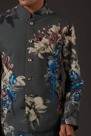 Balance By Rohit Bal-Grey Floral Digital Printed Bundi-INDIASPOPUP.COM