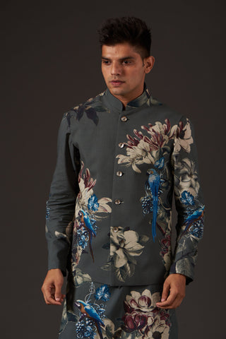 Balance By Rohit Bal-Grey Floral Digital Printed Bundi-INDIASPOPUP.COM