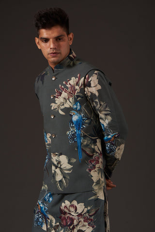 Balance By Rohit Bal-Grey Floral Digital Printed Bundi-INDIASPOPUP.COM