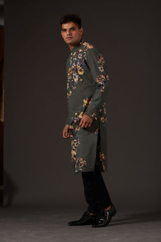 Balance By Rohit Bal-Grey Floral Digital Printed Kurta-INDIASPOPUP.COM