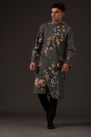 Balance By Rohit Bal-Grey Floral Digital Printed Kurta-INDIASPOPUP.COM