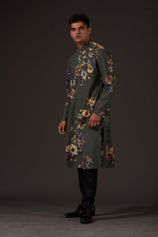 Balance By Rohit Bal-Grey Floral Digital Printed Kurta-INDIASPOPUP.COM