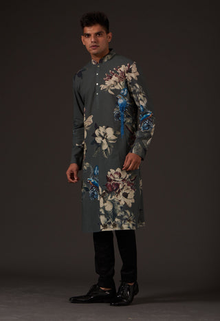 Balance By Rohit Bal-Grey Floral Printed Kurta-INDIASPOPUP.COM