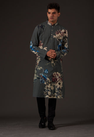 Balance By Rohit Bal-Grey Floral Printed Kurta-INDIASPOPUP.COM