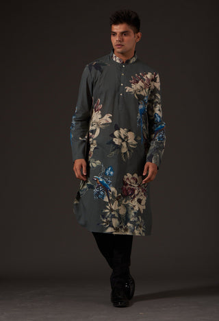 Balance By Rohit Bal-Grey Floral Printed Kurta-INDIASPOPUP.COM